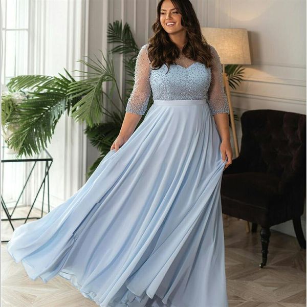 Bleu ciel Plus La Taille Mère De La Mariée Robes Jewel Neck En Mousseline De Soie 3 4 Manches Longues Robe D'invité De Mariage Sur Mesure Formelle Robes330l