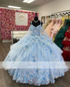 Robe de bal de la princesse bleu ciel quinceanera robes arc appliques scintillantes paillettes vestidos de 15 anos