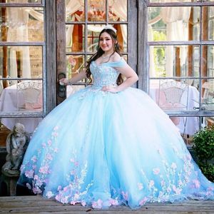 Bleu ciel princesse Quinceanera robe 2024 rose Appliques 3DFlower perles cristal anniversaire bal doux 16 robe robes de 15 ans Corset