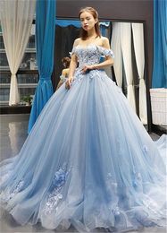 Bleu ciel princesse Quinceanera robes robe de bal hors épaule 3D fleurs appliques doux 16 robes de soirée robes de soirée de bal Vestid7558351