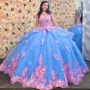Bleu ciel princesse Quinceanera robes robe de bal hors de l'épaule Tulle rose appliques fleur douce 16 robes 15 Anos mexicain