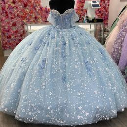 Bleu ciel princesse robes de Quinceanera robe de fête d'anniversaire sans manches appliques perlées scintillantes à lacets Corset jupe gonflée vesridos de 15
