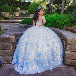 Céu azul princesa quinceanera vestidos fora do ombro applique flor tull rendas espartilho volume vestidos de 15 anos vestido de baile de formatura