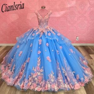 Sky Blue Princess Quinceanera robes en dentelle rose appliques corset up robe de bal douce 16 17 vestidos d'anniversaire de 15