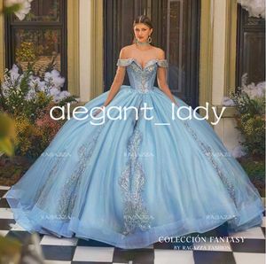 Robes princesse Quinceanera bleu ciel, épaules dénudées scintillantes, Corset avec appliques en cristal, manches longues, 2024, doux 15