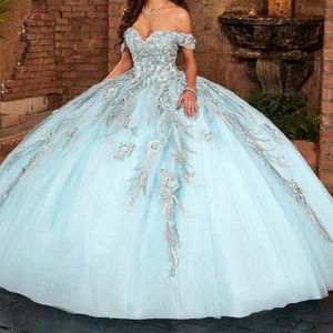 Azul cielo princesa dulce 16 vestidos de quinceañera fuera del hombro apliques de encaje con cuentas corsé vestido para debutante de 15 anos