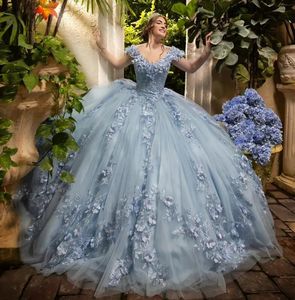 Robe de bal de la princesse bleue en V Veanera robes de quinceanera sur l'épaule 3d appliques florales en dentelle vestido de 15 anos sweet 16