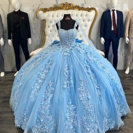 Hemelsblauw Quinceanera Jurk Mexicaanse Applicaties 3D Bloemen Tull Baljurken Uit De Schouder Corset 16 Vestidos De XV Anos