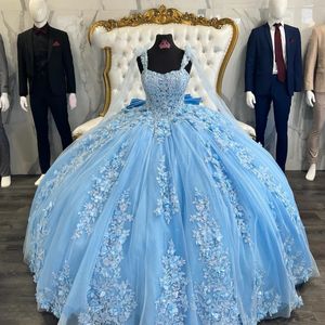 Robe De Quinceanera bleu ciel, Appliques mexicaines, fleurs 3D, robes De bal en tulle, épaules dénudées, Corset 16 robes De XV Anos