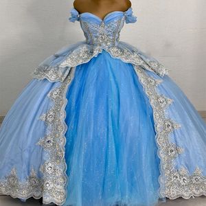 Hemelsblauwe Quinceanera jurk off-shoulder kralen kristal prinses prom baljurk Sweet 16 XV jaar oud Miss verjaardag optocht Mexicaanse jurk