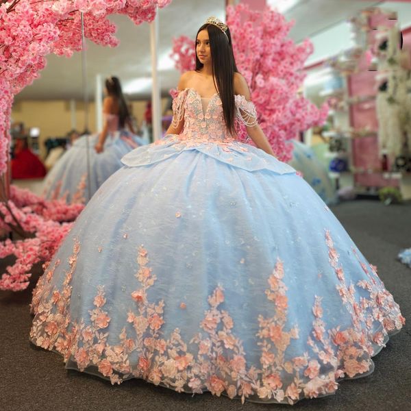 Bleu ciel Quinceanera robe épaule rose fleur appliques dentelle florale perles tulle robe de bal corset doux 16 robes de 15 ans