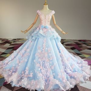 Robe De Quinceanera Bleu Ciel Fleurs Roses Appliques Perles Robe De Bal Fête De Noël Doux 16 Ans Robes De Princesse Pour 15 Ans Robes De Fête