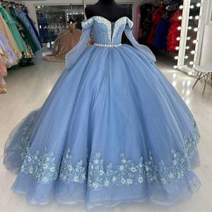Bleu ciel Quinceanera robes 2024 perles cristal paillettes appliques dentelle Tull doux 16 robe robe de bal à lacets vestidos de 15 anos