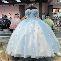 Sky Blue Quinceanera Dresses Ball Gown 2024 Appliques kralen 3Dflower off Schouder Tull Verjaardagsfeestje Jurk Vestidos de 15 anos