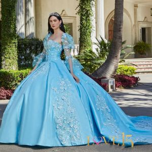 Robes de Quinceanera bleu ciel perles 3D Floral hors de l'épaule manches bouffantes filles anniversaire princesse 15 16 robes de bal de fête