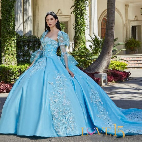 Vestidos de la quinceanera azul cielo abalorando 3D floral fuera de la hombro manga de la manga de la manga del cumpleaños princesa 15 16 vestidos de fiesta de fiesta