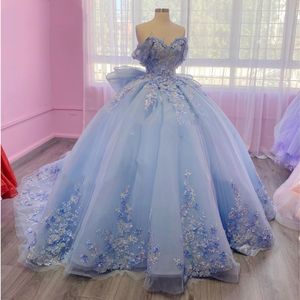 Cielo azul Quinceañera vestidos corsé vestido de bola con cuentas 3D flores arco Formal graduación vestidos de graduación con cordones princesa dulce 15 16