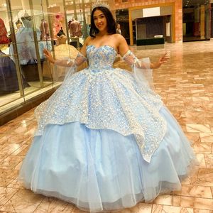 Hemelsblauw Quinceanera Jurken Voor Sweet 16 Prinses Gown Applique Kant Kralen Verjaardagsfeestje Prom Jurken Vestido De 15Anos