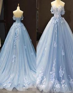 Sky Blue Quinceanera -jurken van de schouder kanten applique 2020 sweep trein op maat gemaakte korset terug zoet 16 verjaardagsfeestje bal 9089337