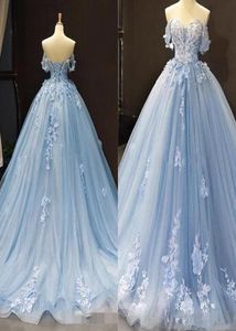 Sky Blue Quinceanera -jurken van de schouder kanten applique 2020 sweep trein op maat gemaakte korset terug zoet 16 verjaardagsfeestje bal 1408502