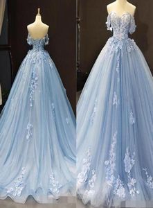 Sky Blue Quinceanera -jurken van de schouder kanten applique 2020 sweep trein op maat gemaakte korset terug zoet 16 verjaardagsfeestje bal 3147725