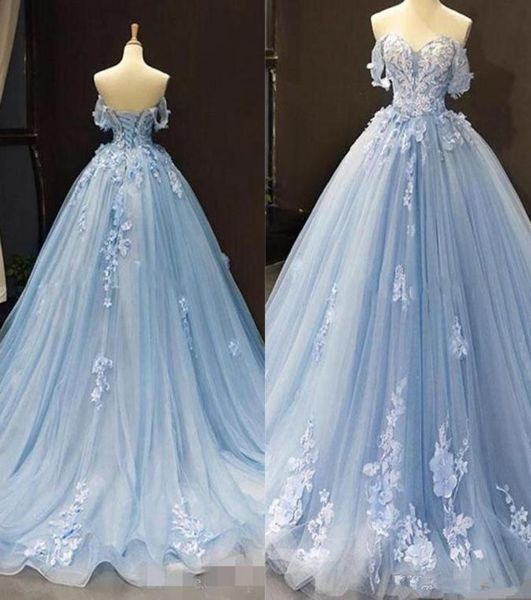 Sky Blue Quinceanera Robes de l'épaule Applique 2020 Train de balayage CORSET CORSET CORSET SWEET 16 BALLE PARTER 4120077