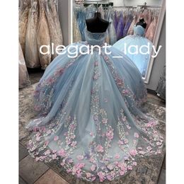 Sky Blue Quinceanera jurken roze 3d bloemen bloemen Appliques Off Shoulder Lace-Up Corset Prom Vestidos de XV Anos