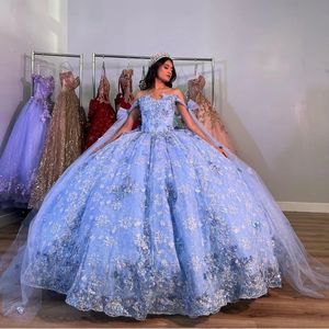 Robe Quinceanera bleu ciel, sans manches, à paillettes de cristal, épaules dénudées, fleurs 3D, Corset, Para XV Anos