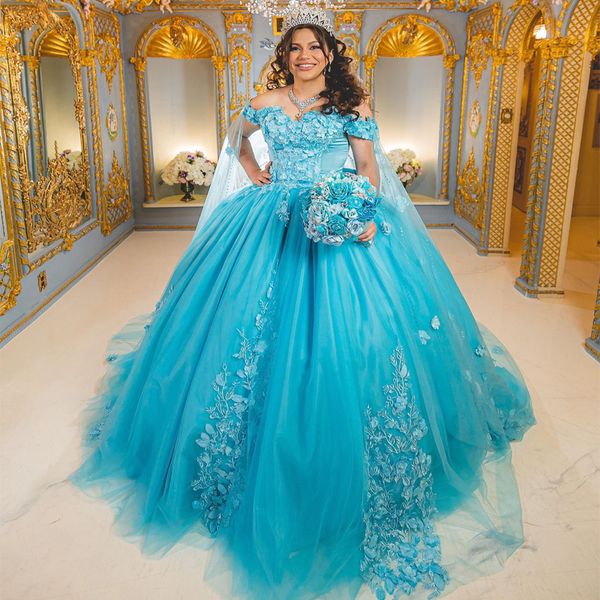 Robes de Quinceanera bleu ciel avec Cape épaules dénudées Applique dentelle fleur Tulle Corset robes débutantes 15 anos