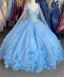 Sky Blue Quinceanera jurken met cape pailletten kralen 3D bloemen backless Sweet 16 jurk prinses baljurk vestidos de 15 años