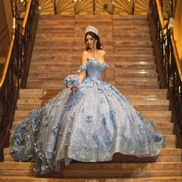 Ciel bleu quinceanera robes de bal 3d fleurs sequin sweet 15 robes de fête étincelants robe de bal à perle Junior Girls Pageant Robe Ball Gownn