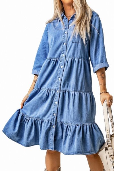 Robe mi-longue boutonnée en denim à volants bleu ciel T75e #