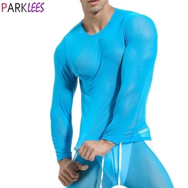 Camiseta de rejilla transparente azul cielo para hombre, camiseta transparente de manga larga Sexy para hombre, camiseta interior transparente de malla ajustada para hombre 210522