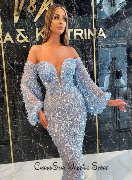 Robe de soirée de forme sirène, bleu ciel, paillettes, perles, manches longues bouffantes, chérie, robe de bal, 20204398185