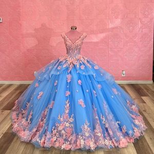 Bleu ciel Sexy col en v Tull princesse robes de soirée de bal robe de Quinceanera 3DFlowers robe de bal doux 15 16 robe pour les filles