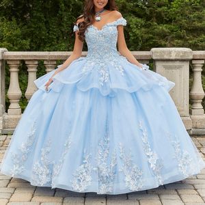 Bleu ciel brillant robe De bal Quinceanera robe épaules dénudées Corset dentelle Appliques perles doux 16 robe robes De XV Anos 15