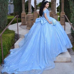 Robe De bal brillante bleu ciel, robe Quinceanera, avec nœud en tulle, épaules dénudées, paillettes, Corset, 16 ans, 2024