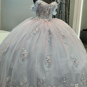 Hemelsblauw Glanzende Prinses Quinceanera Jurken Baljurken Applique Kant Lange Trein Lace Up Vestidos De 15 Anos Verjaardagsfeestje jassen