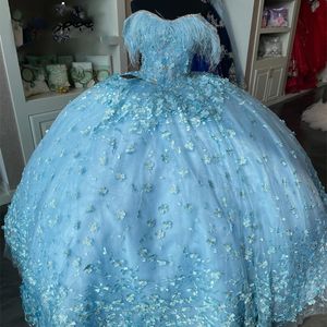 Ciel bleu brillant quinceanera robe balle de bal à paillettes cristal 3d fleurs plume tult corset sweet 16 vestidos 15 de quinceanera