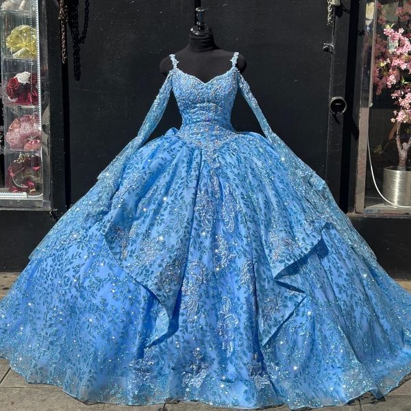 Vestido de quinceañera brillante azul cielo, cuentas con hombros descubiertos y capa, vestido de fiesta de princesa, dulce 16, XV años, Miss Cumpleaños, desfile mexicano