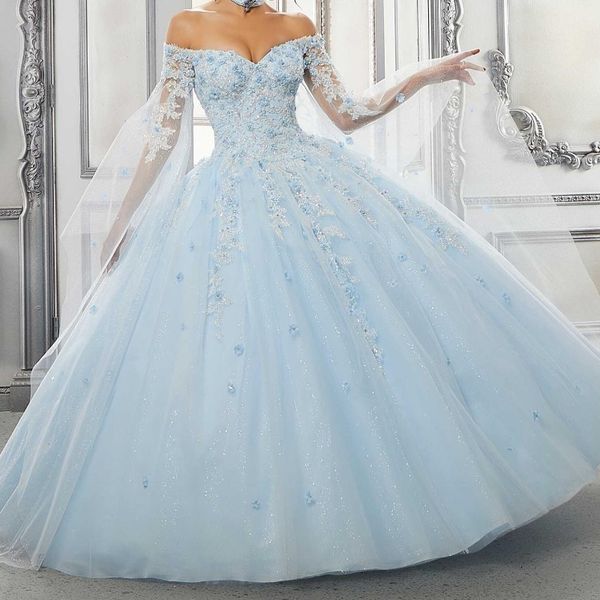 Bleu ciel brillant Quinceanera robes appliques dentelle cristal paillettes robe de bal sur l'épaule avec Cape Corset robes Para XV Anos