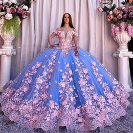 Hemelblauw glanzende quinceanera -jurken baljurk van de schouder roze applique kanten bloem tull corset vestidos 15 de para xv