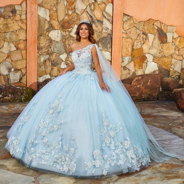 Bleu ciel brillant Quinceanera robes robe de bal appliques dentelle perles avec Cape bal fête douce 16 ans fille fête d'anniversaire robes 15 Anos