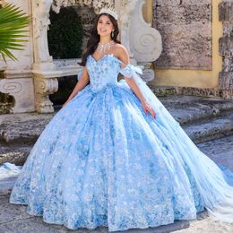 Bleu ciel brillant Quinceanera robes pour 15 ans 2024 robe de bal sexy hors de l'épaule appliques dentelle tulle longue robe de soirée pour fille