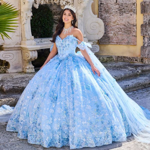 Vestidos de quinceañera brillantes de color azul cielo para 15 años, vestido de baile Sexy con apliques de hombros descubiertos, vestido largo de fiesta de tul de encaje para niña 2024