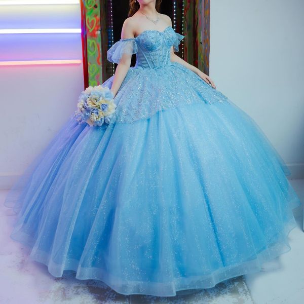 Ciel bleu brillant quinceanera s'habille de l'épaule appliquage perle taul mexicain seize robes de bal princesse vestidos de 15 0417