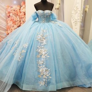 Bleu ciel brillant Quinceanrea robes chérie XV appliques fleurs perles doux 16 princesse robe De 15 Quinceanera 2024