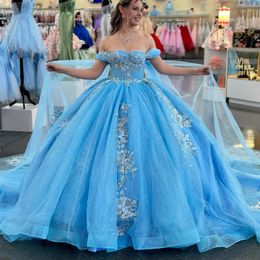 Bleu ciel brillant chérie Quinceanera robe 2024 robe De bal avec Cape Appliques dentelle perles princesse robe De soirée robes 15 De