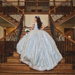 Vestidos De quinceañera De novia brillantes, azul cielo, cuentas con hombros descubiertos, Vestidos De baile De princesa Cenicienta, Vestidos De 15 anos