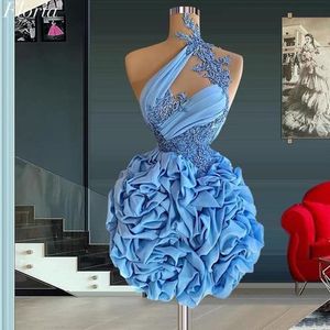 Sky Blue Short Prom Party Dresses Robes de Cocktail One Shoudler Lace Applique Ruffles geplooide mini avondjurk